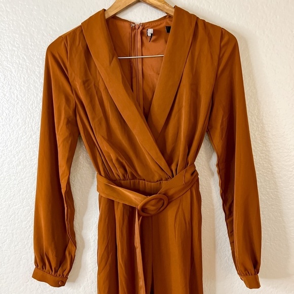 Sleek Impression Rust Brown Belted Collared Slim Leg Jumpsuit - Picture 4 of 9